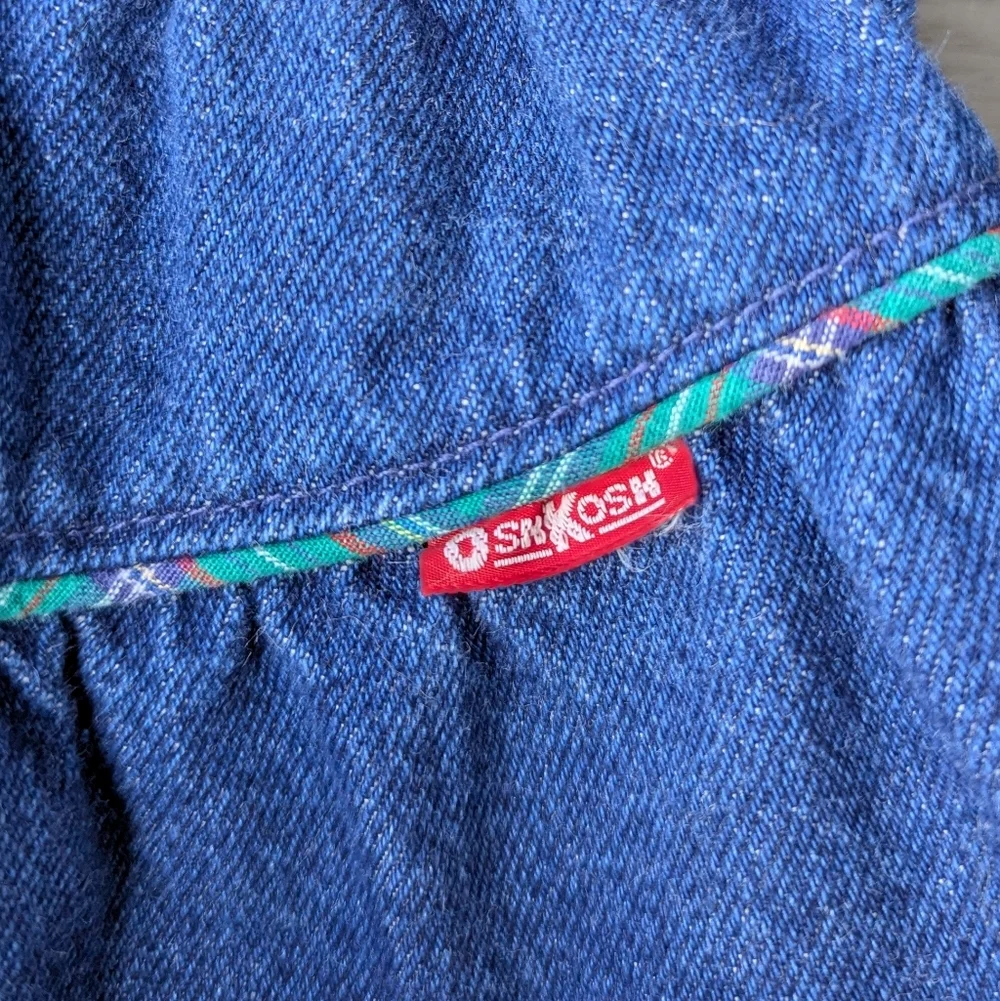 VTG 80s OshKosh B'gosh Blue Denim Skirt with Red Plaid Hem Elastic Waist Size 3T